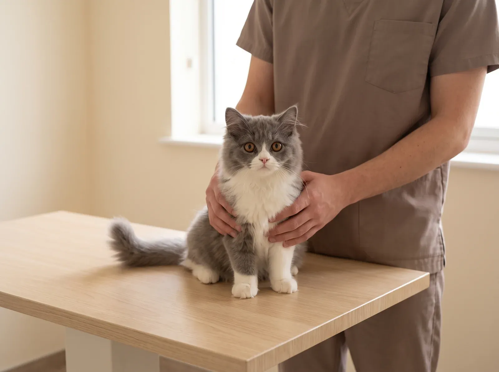 British Longhair, a blue and white kitten on a consultation table, steadied by hands in taupe scrubs