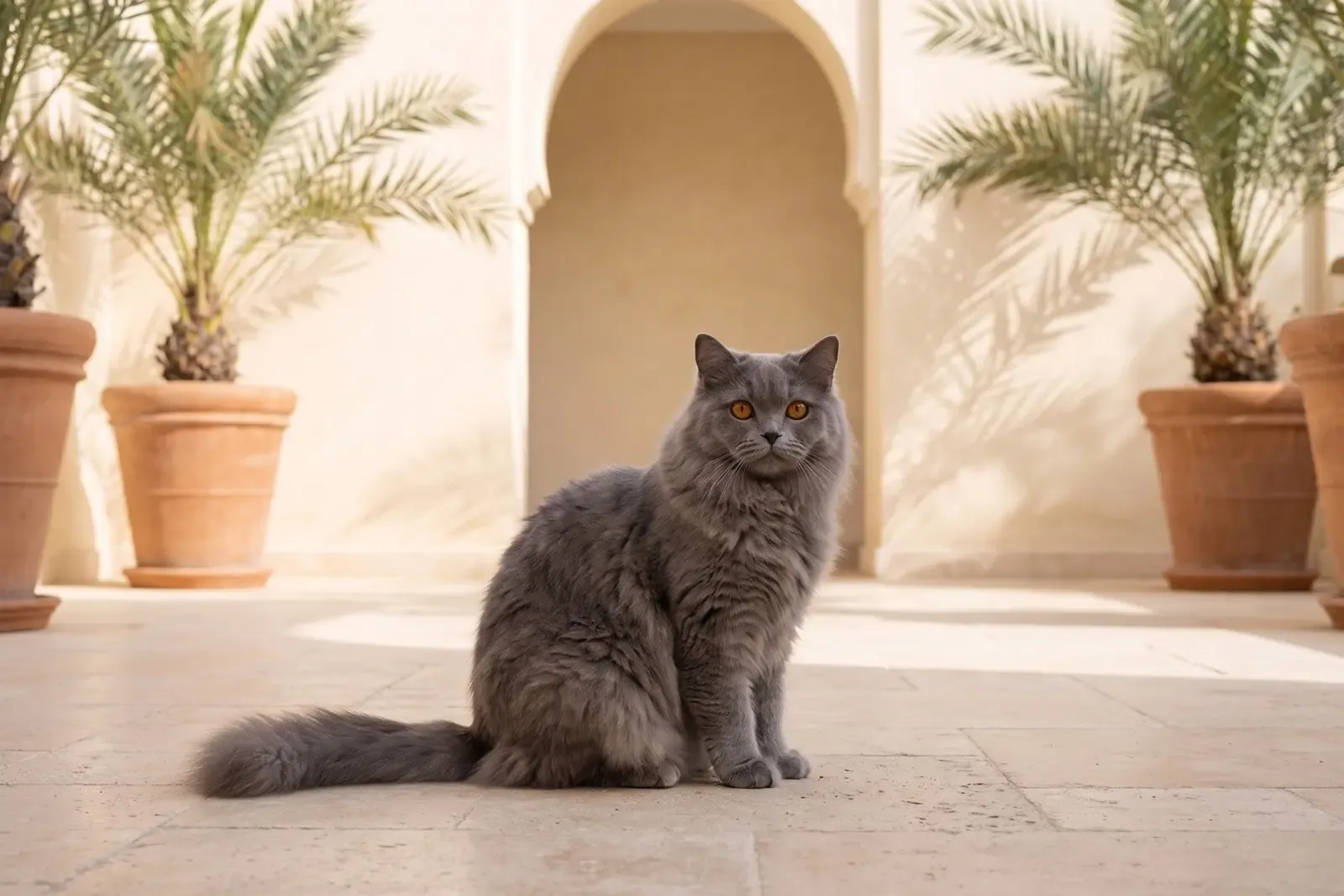 British Longhair history, the breed today, a blue adult on a shaded villa terrace, Dubai, 2026