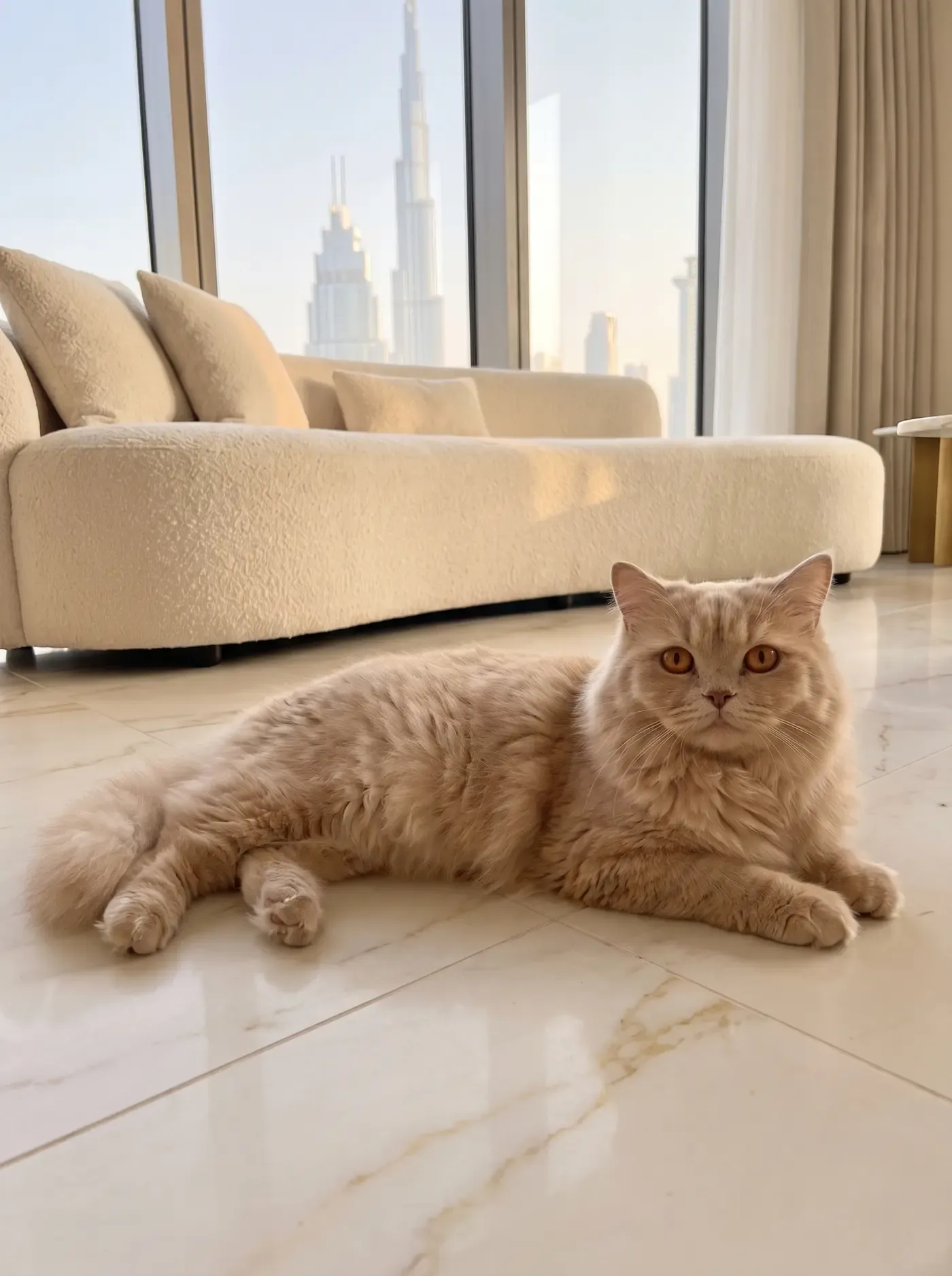 British Longhair in Dubai, the same cat lying on cool marble tiles, the skyline behind