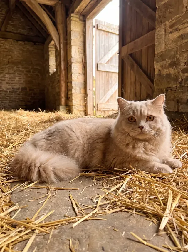 British Longhair, a cream adult lying on straw in an old stone barn