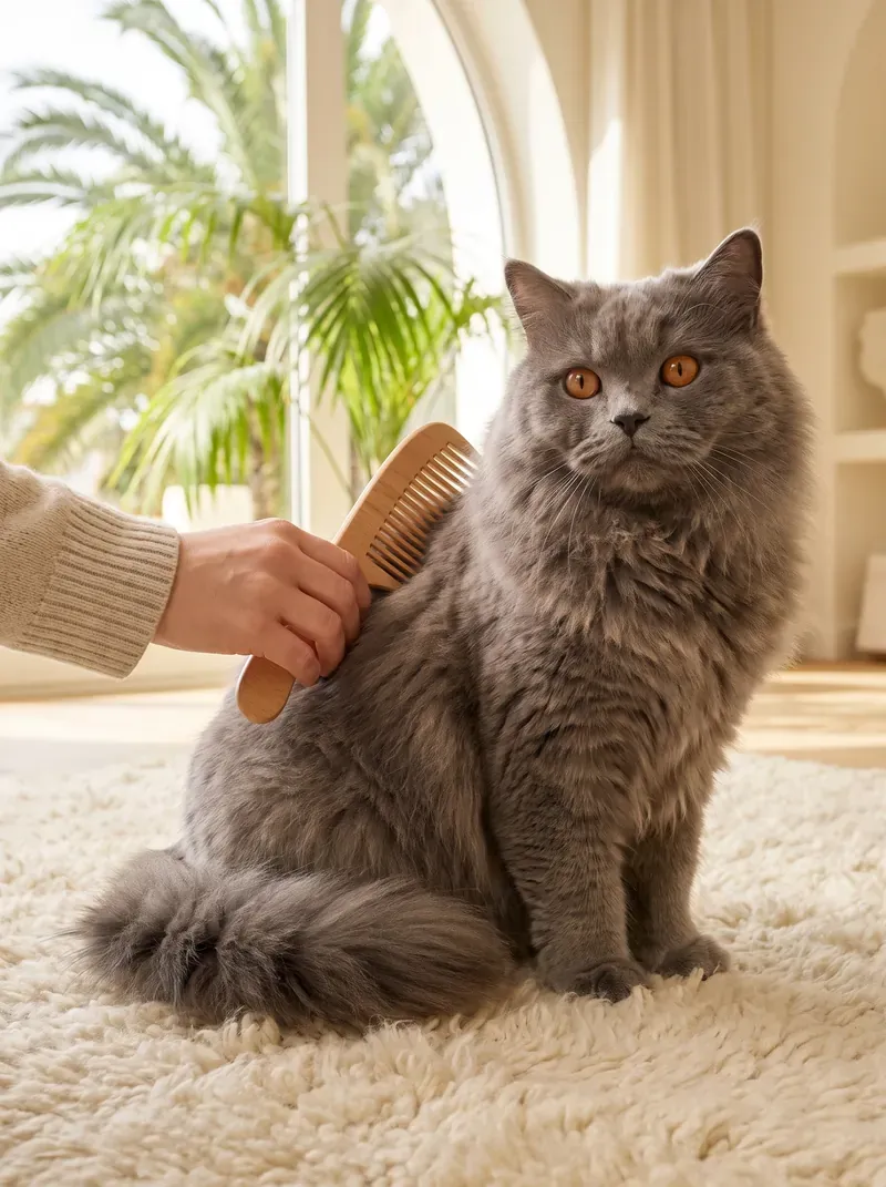British Longhair in Dubai, a blue adult on a rug being combed, palms through an arched window