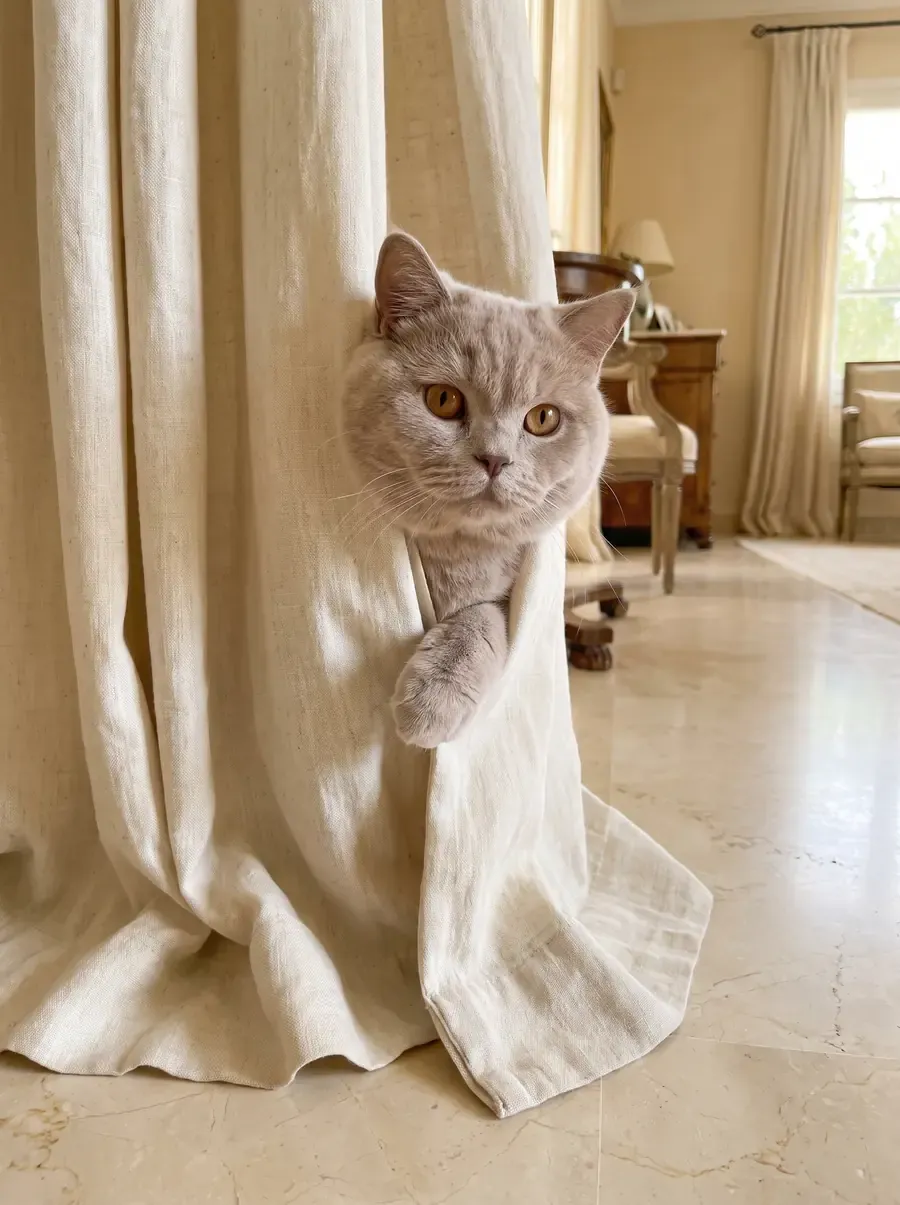 British Longhair, a lilac adult peeking out from behind a long linen curtain