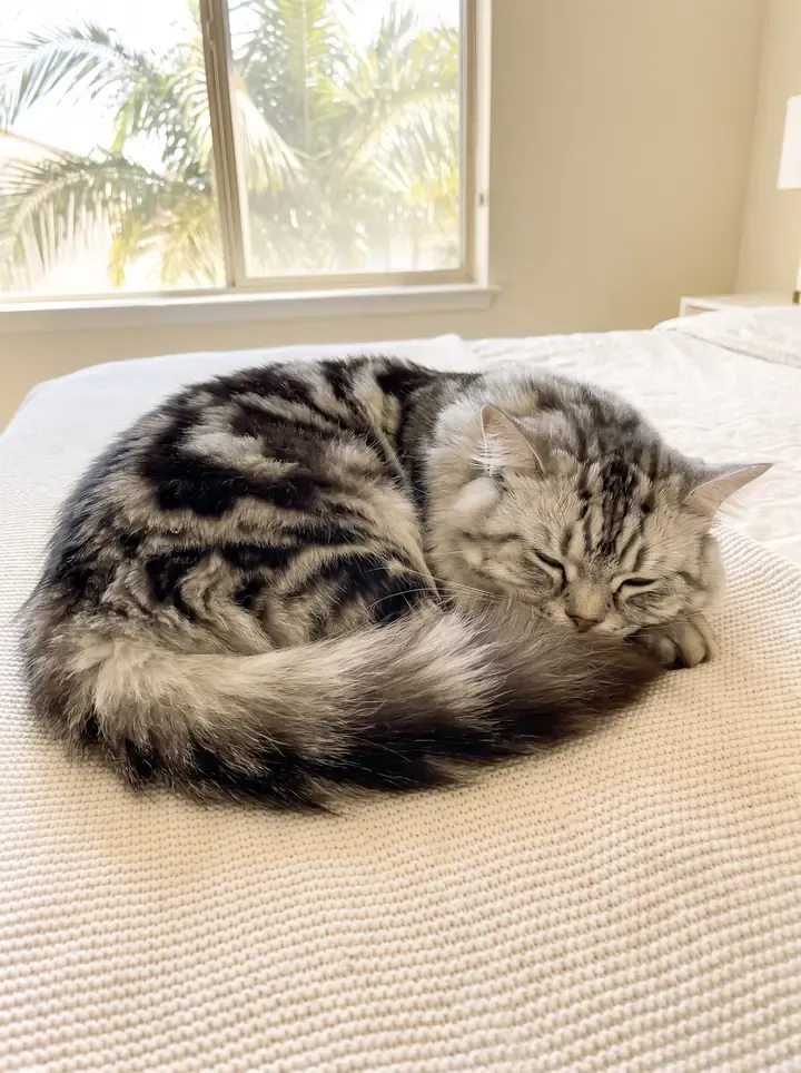 British Longhair in Dubai, a silver tabby asleep on a knitted blanket, palms through the window