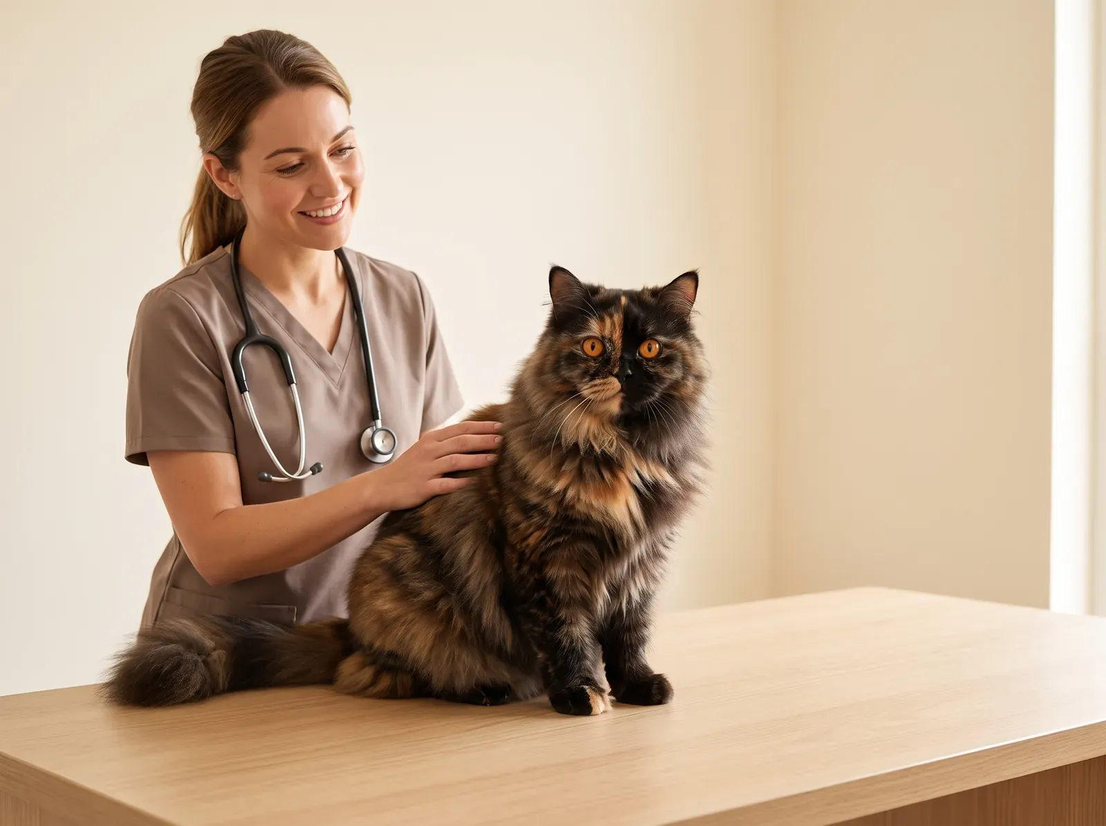 British Longhair, a tortoiseshell adult on a consultation table, a smiling vet in taupe scrubs beside it