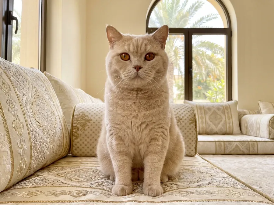 British Shorthair in Dubai, a cream adult sitting on majlis cushions, palms through an arched window