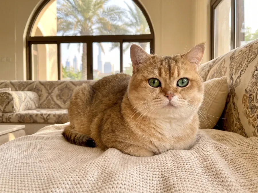 British Shorthair in Dubai, a golden-tipped adult with green eyes lying on a cream throw in a majlis