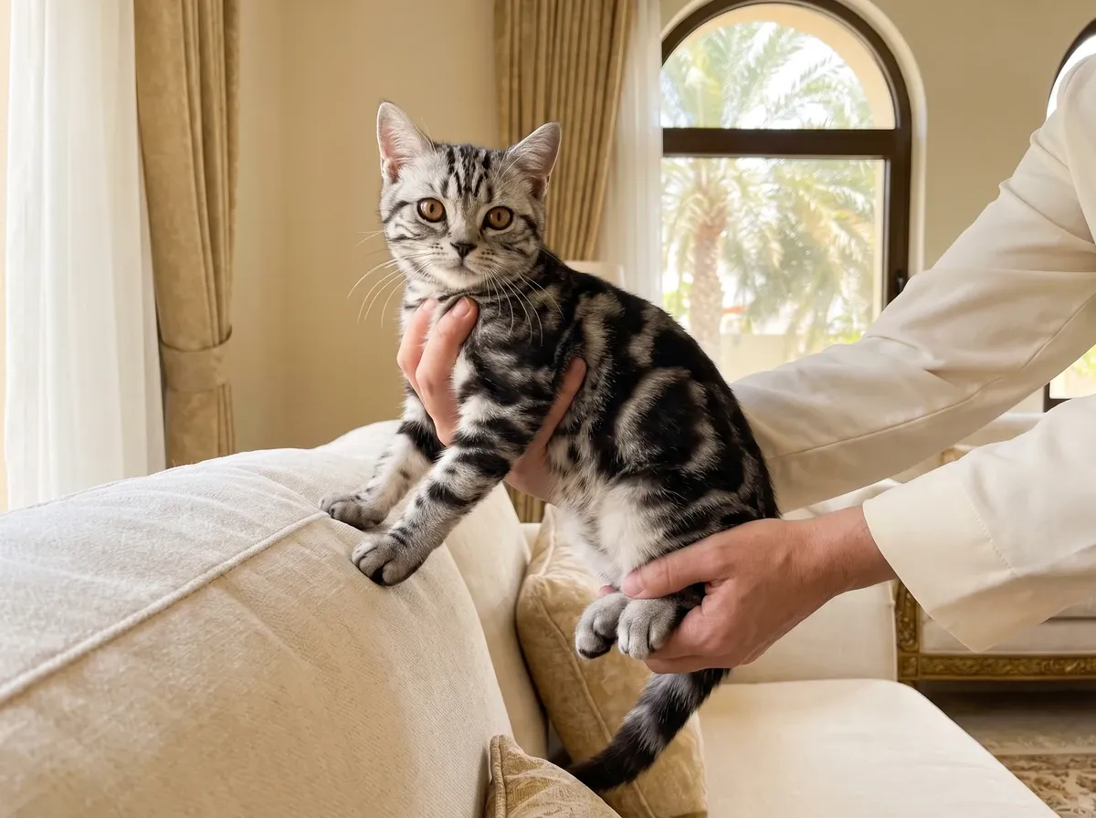 British Shorthair in Dubai, a silver tabby kitten lifted gently in two hands, palms outside