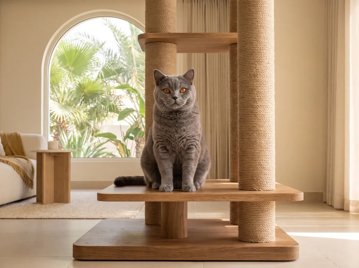 British Shorthair in Dubai, a blue adult on a sturdy timber cat tree, palms through an arched window