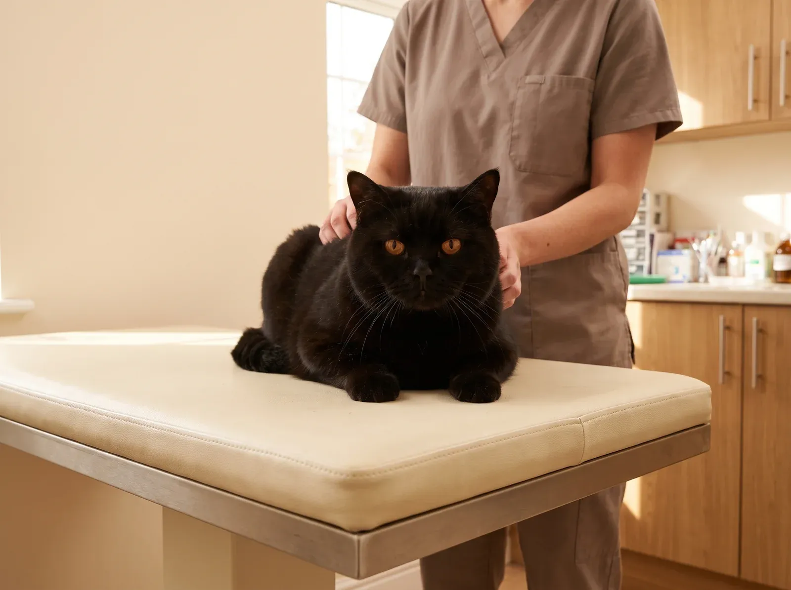 British Shorthair, a black adult on a consulting table, steadied by hands in taupe scrubs