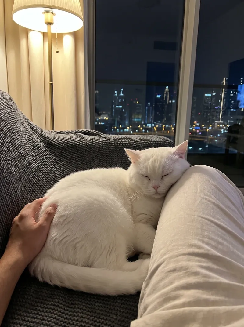 British Shorthair in Dubai, a white adult asleep against a pet parent's knee at night, skyline behind