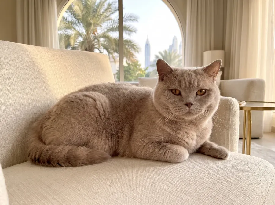 British Shorthair in Dubai, an older lilac cat resting on a linen armchair, eyes bright, skyline outside
