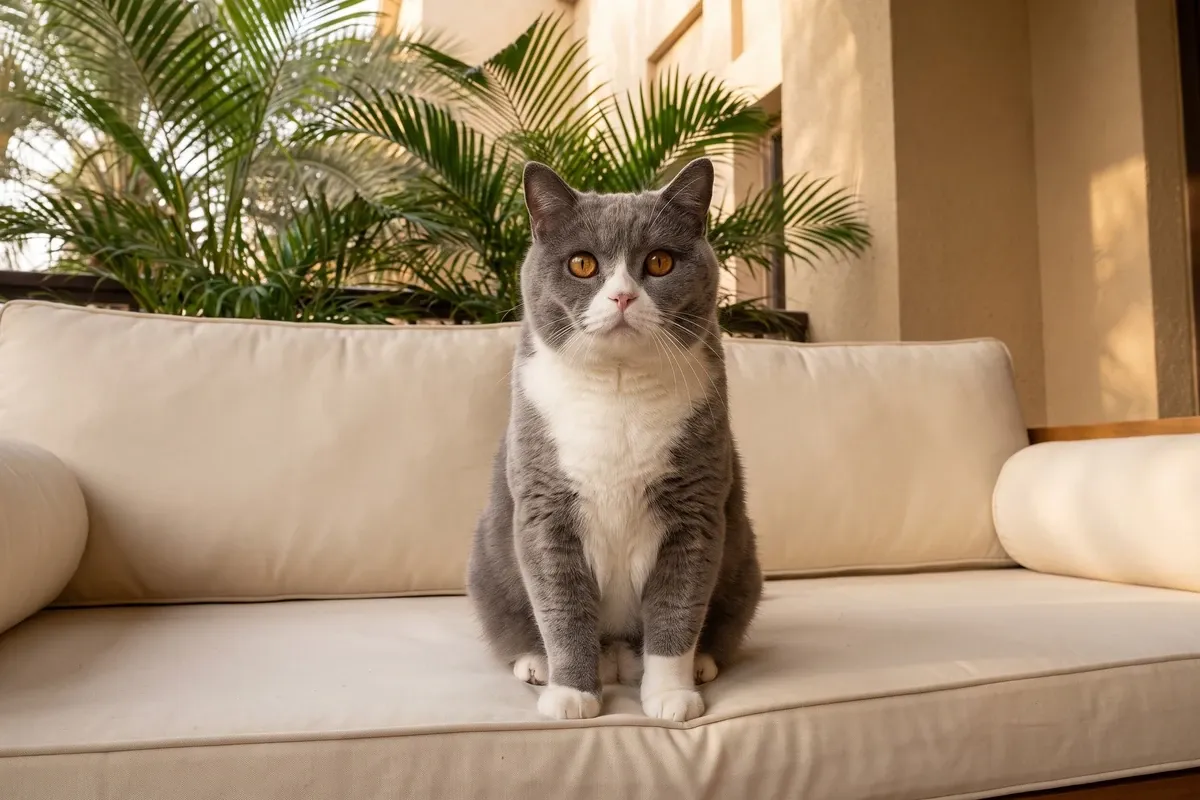 British Shorthair history, the breed today, a blue and white adult on a shaded balcony daybed, palms behind, Dubai, 2026