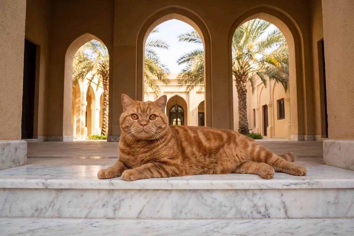 British Shorthair history, the breed today, a red tabby adult on a marble step in a villa courtyard, Dubai, 2026