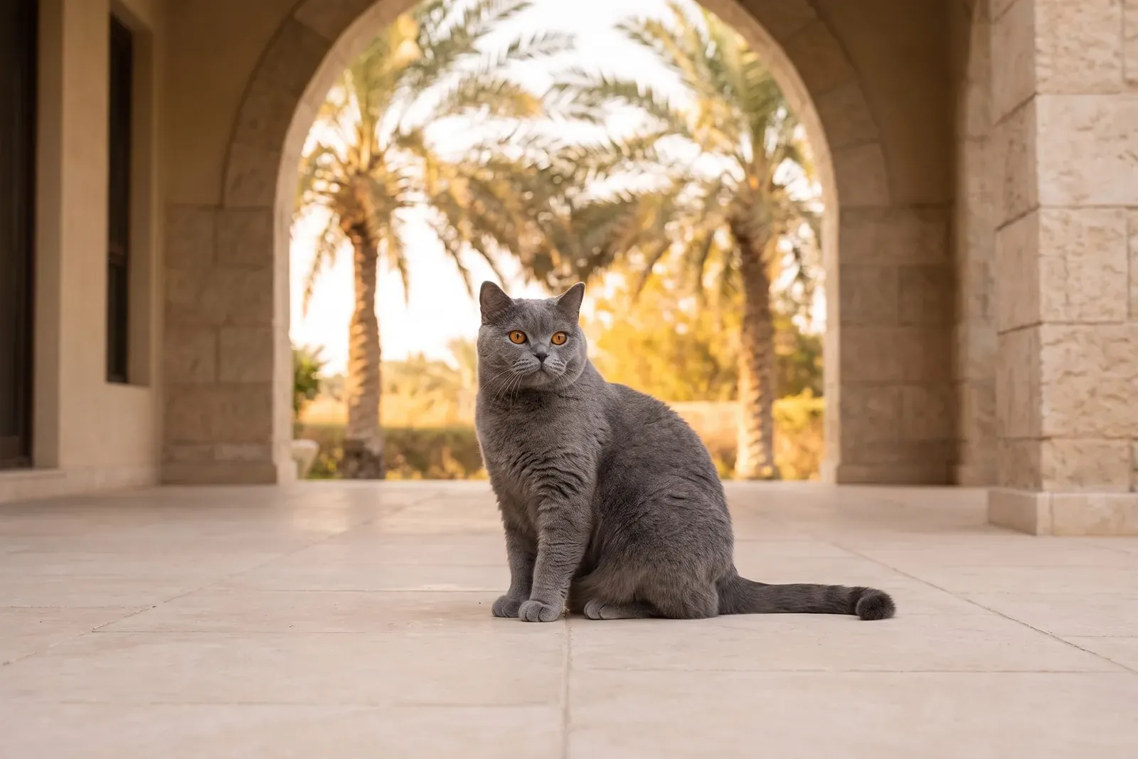 British Shorthair history, the breed today, a blue adult on a shaded villa terrace, Dubai, 2026