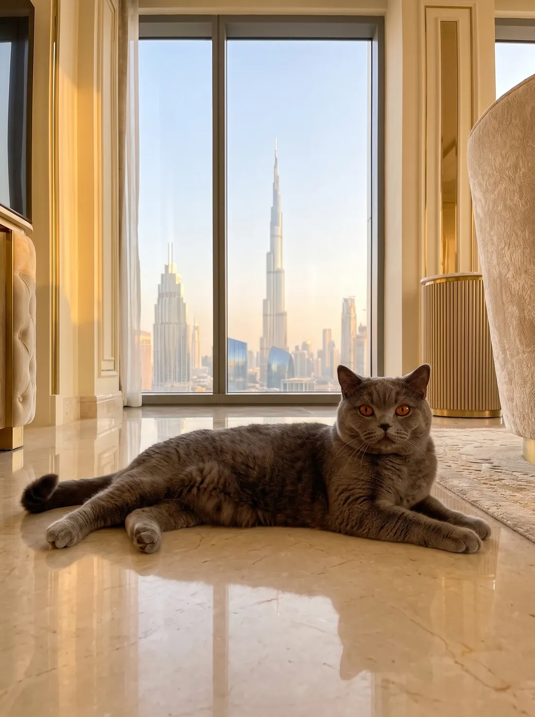 British Shorthair in Dubai, a blue adult lying on cool marble, the skyline through the window