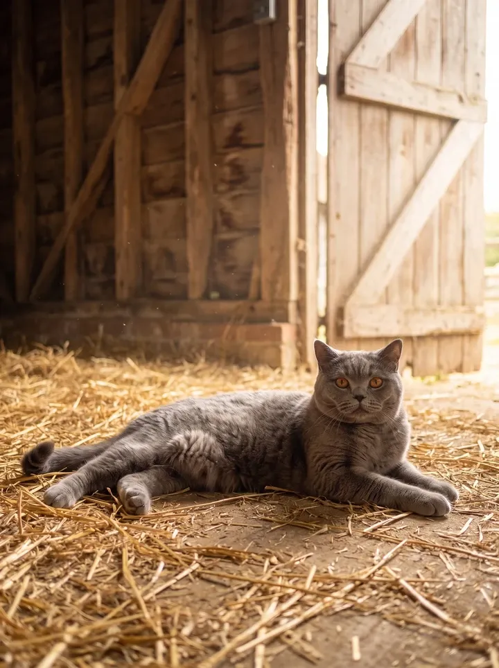 British Shorthair, a blue adult lying on straw in an old timber barn