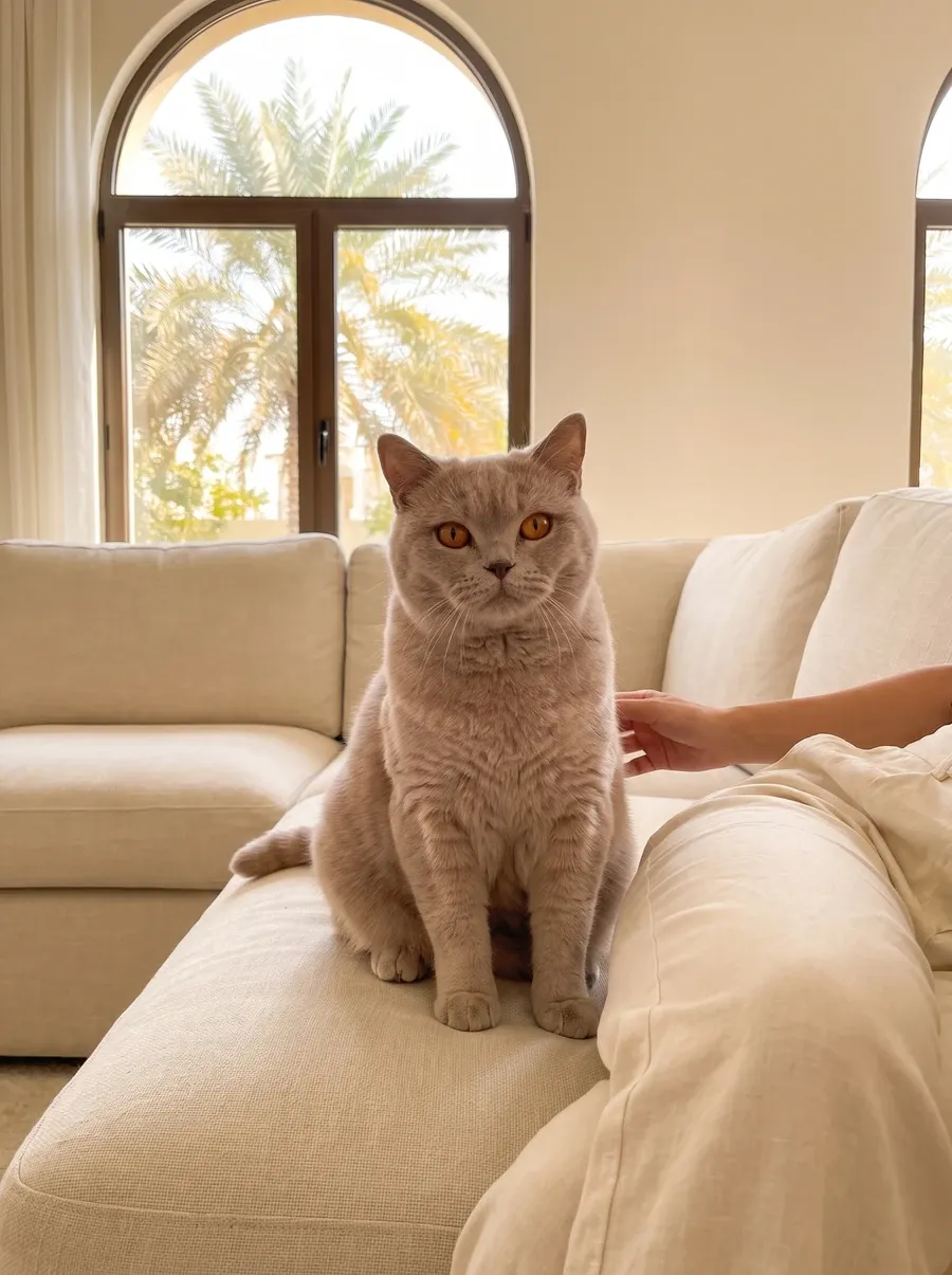 British Shorthair in Dubai, a lilac adult sitting on the sofa a little apart from their owner, palms outside