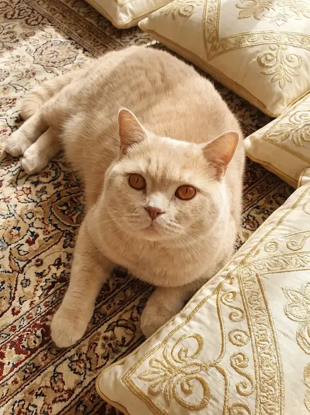 British Shorthair, a cream adult lying on a patterned rug beside floor cushions, seen from above