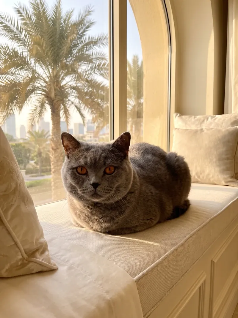 British Shorthair in Dubai, a blue adult resting alone on a window seat, palms and towers outside