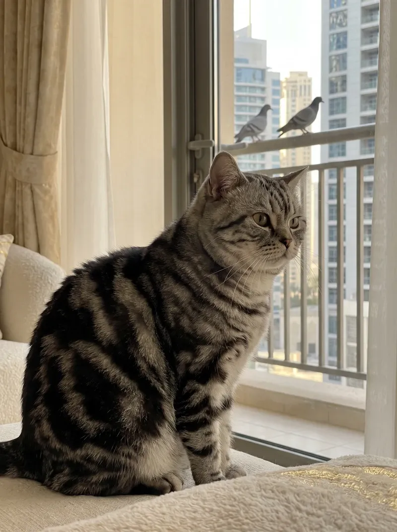 British Shorthair in Dubai, a silver tabby adult at a balcony door, pigeons on the rail and towers beyond