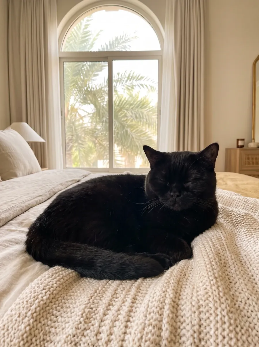 British Shorthair in Dubai, a black adult asleep on a cream knitted blanket, palms through an arched window