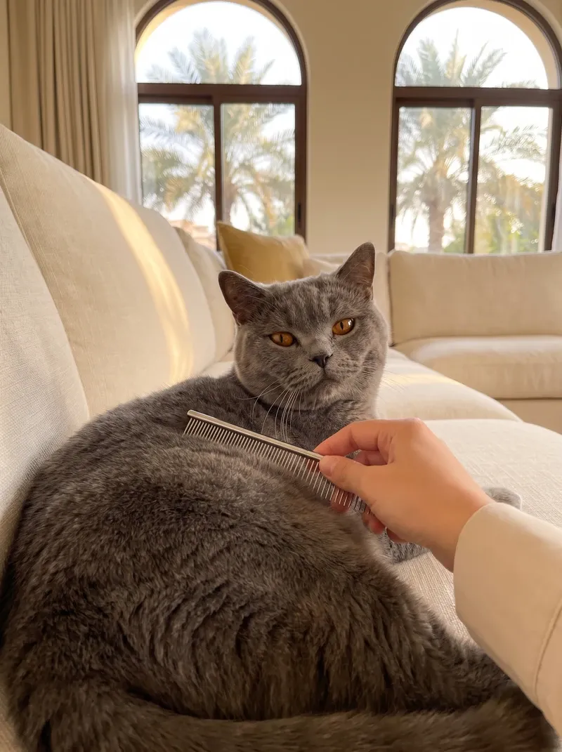 British Shorthair in Dubai, a blue adult on the sofa having their dense coat combed, palms outside