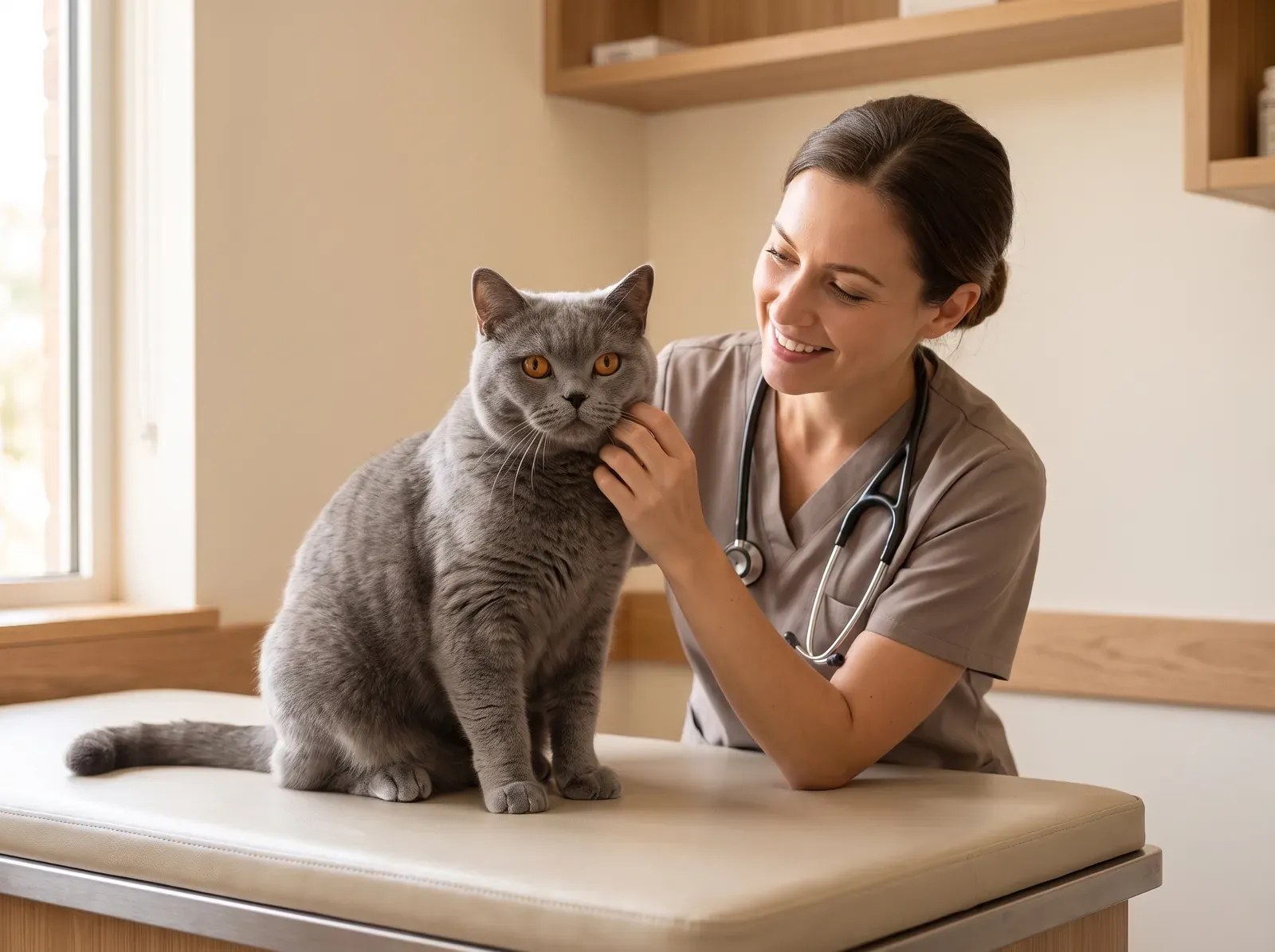 British Shorthair, a blue adult on a padded table, a smiling vet in taupe scrubs stroking their cheek