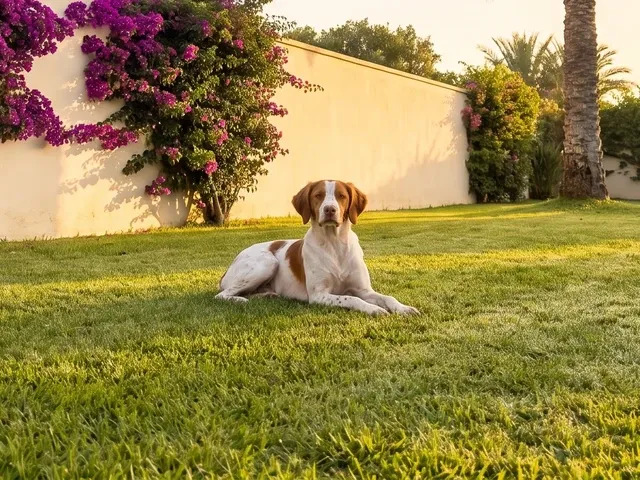 Brittany Spaniel in Dubai, an orange and white adult lying on a villa lawn by bougainvillea and a cream wall