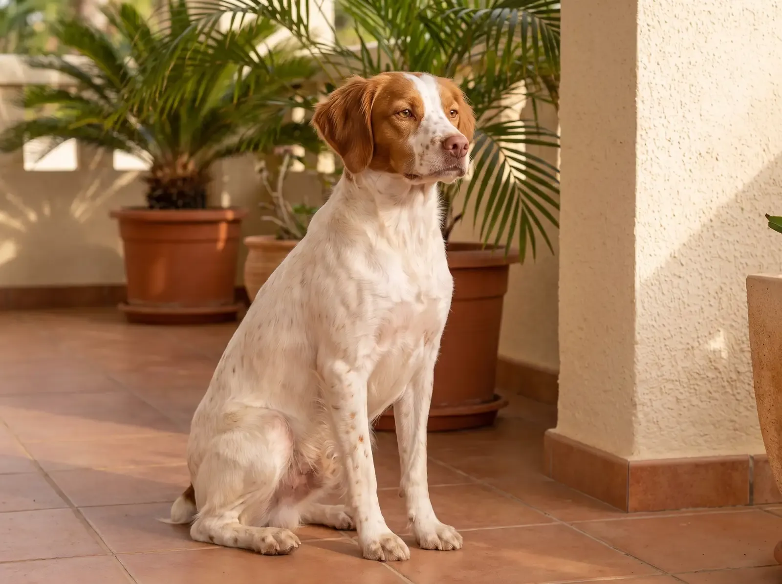 Brittany Spaniel, a white and orange adult sitting alert on a shaded terrace among potted palms