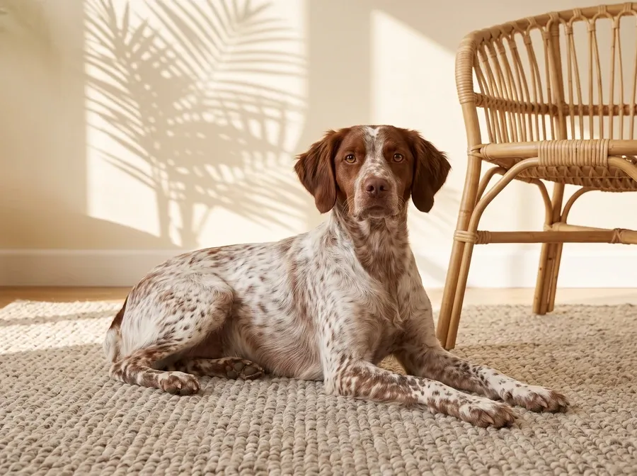 Brittany Spaniel, a liver and white roan adult lying on a stone rug beside a rattan chair