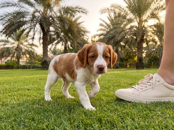 Brittany Spaniel in Dubai, an orange and white puppy walking on a lawn beside a pet parent's feet, date palms behind
