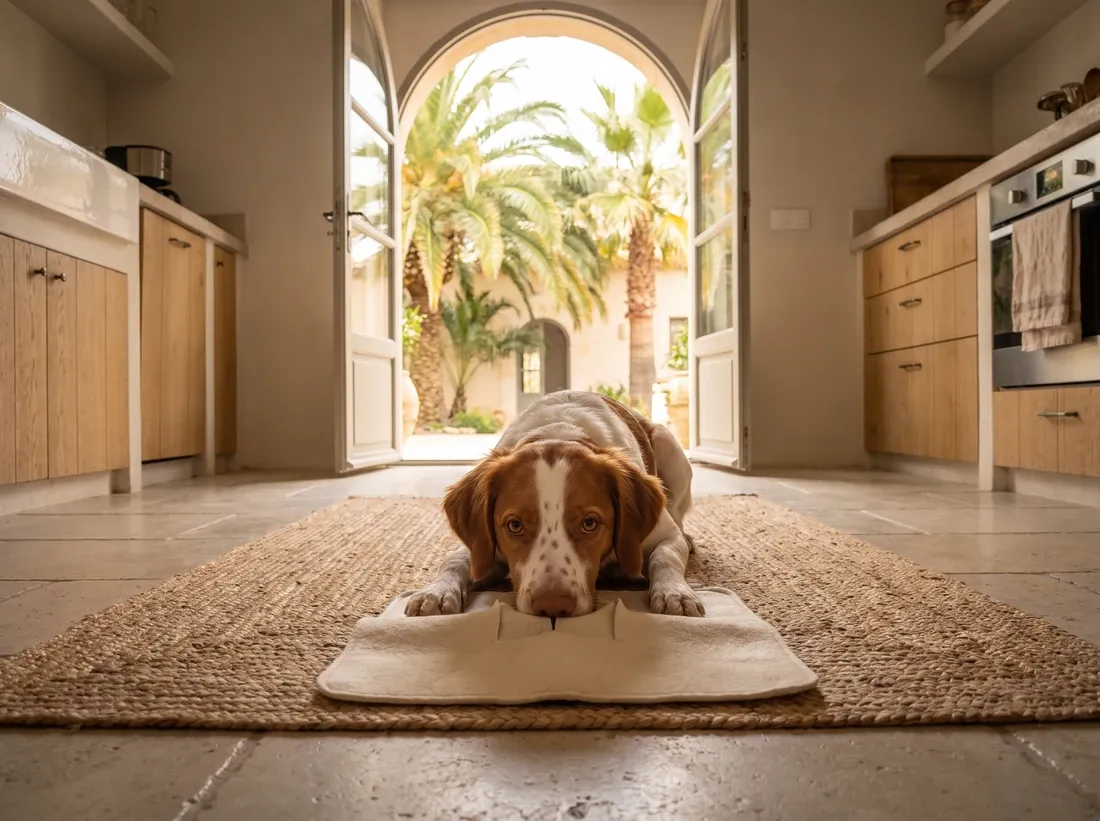 Brittany Spaniel in Dubai, a young orange and white dog nose down on a snuffle mat, palms through the kitchen door