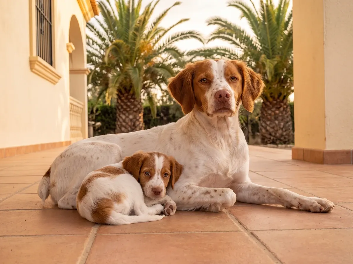 Brittany Spaniel in Dubai, a white and orange mother lying with one puppy on a terrace, date palms behind