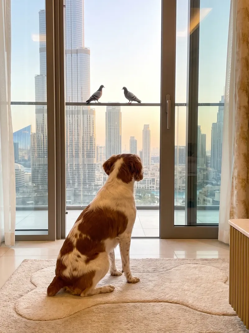 Brittany Spaniel in Dubai, an orange and white adult at a balcony door watching pigeons, the skyline beyond