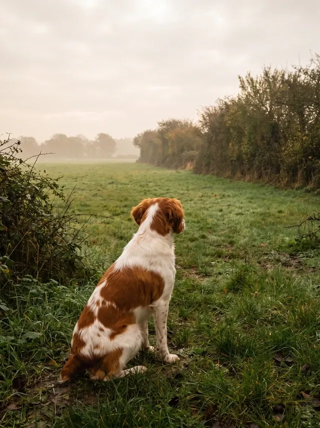 Brittany Spaniel, the same orange and white adult sitting at the edge of a hedged green field