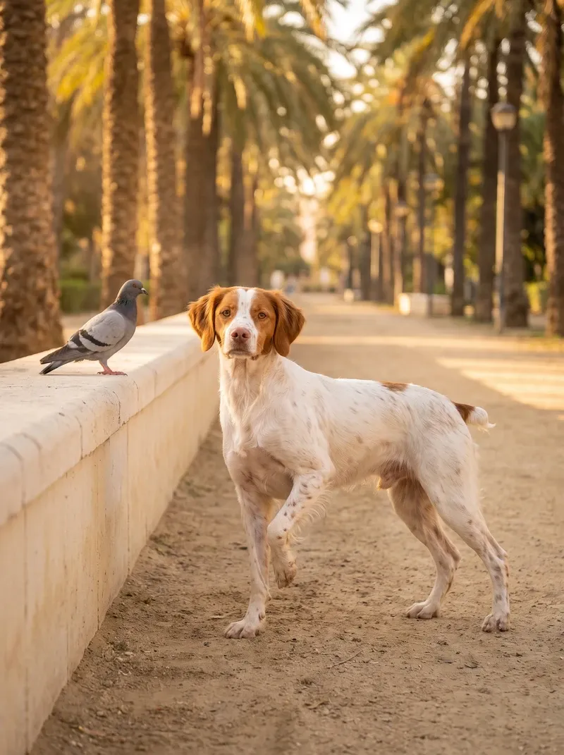 Brittany Spaniel in Dubai, a white and orange adult on a palm-lined path, one paw lifted, watching a pigeon