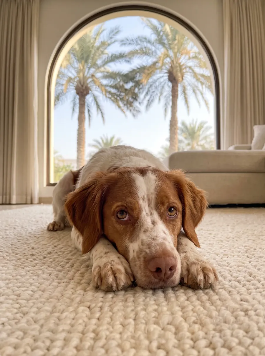 Brittany Spaniel in Dubai, an orange roan adult lying chin on paws on a cream rug, date palms through an arched window