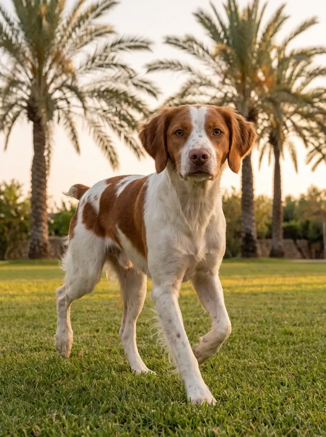 Brittany Spaniel in Dubai, an orange and white adult trotting across a villa lawn under date palms in the evening