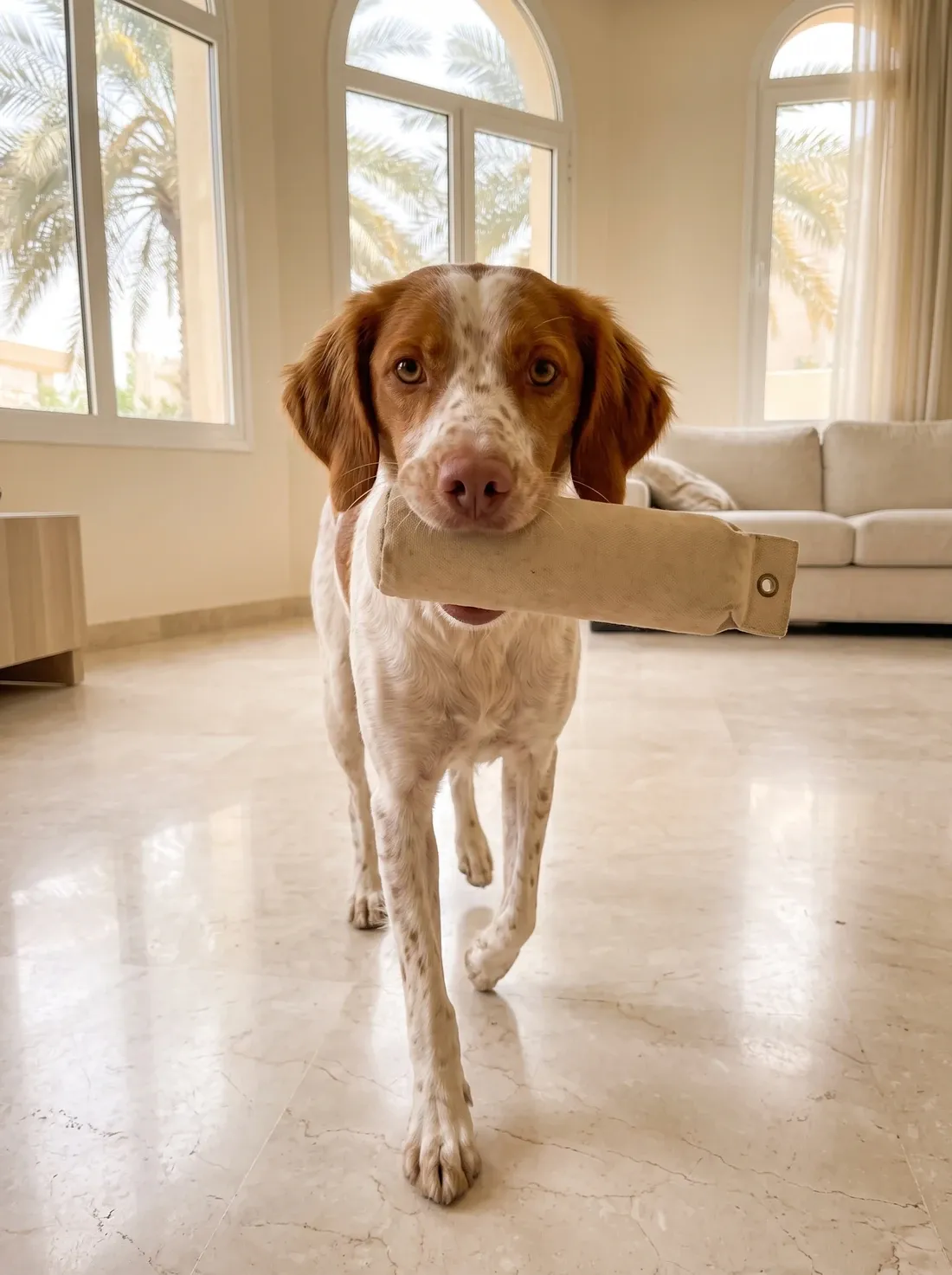 Brittany Spaniel in Dubai, an orange roan adult carrying a canvas dummy across a marble floor, palms through the windows