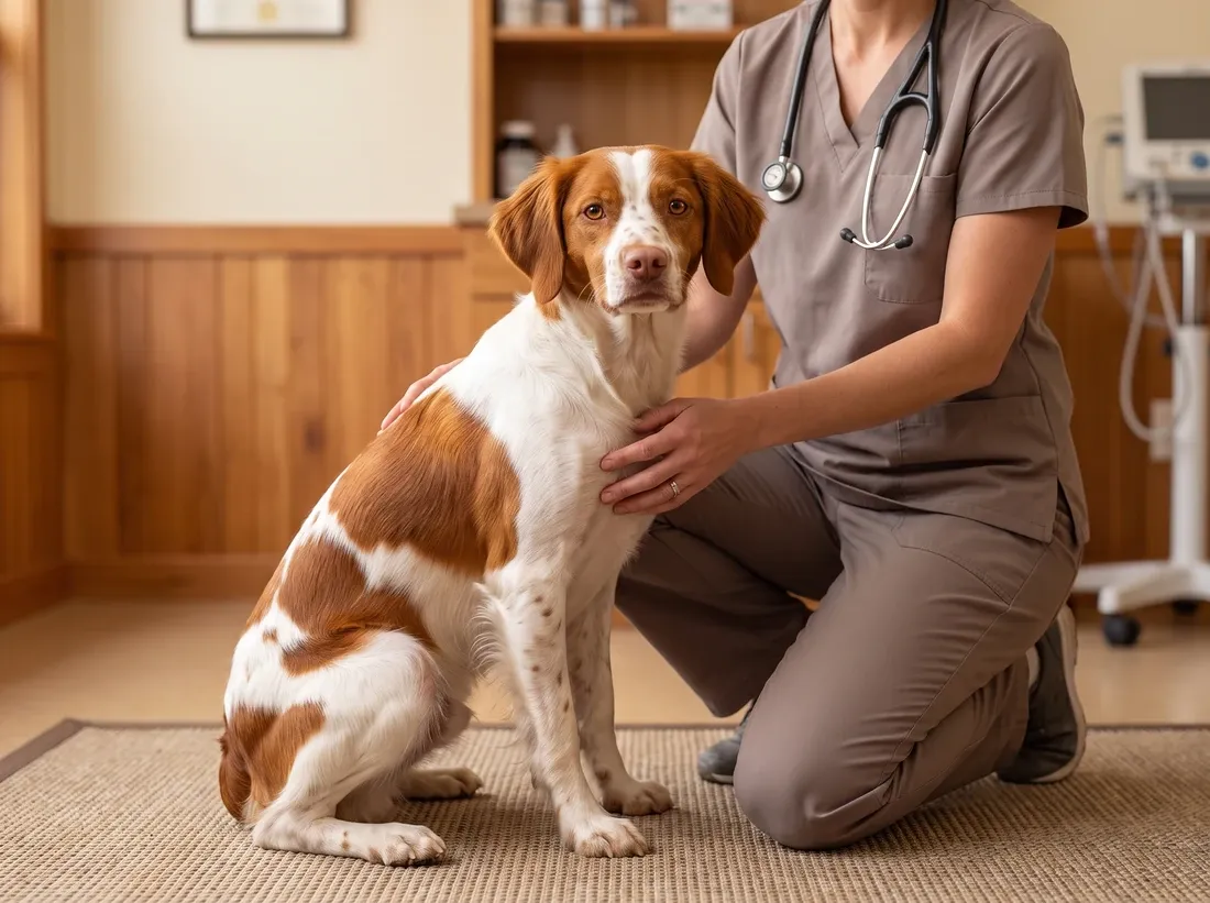 Brittany Spaniel, an orange and white adult sitting on a mat as a vet in taupe scrubs kneels with a hand on their back