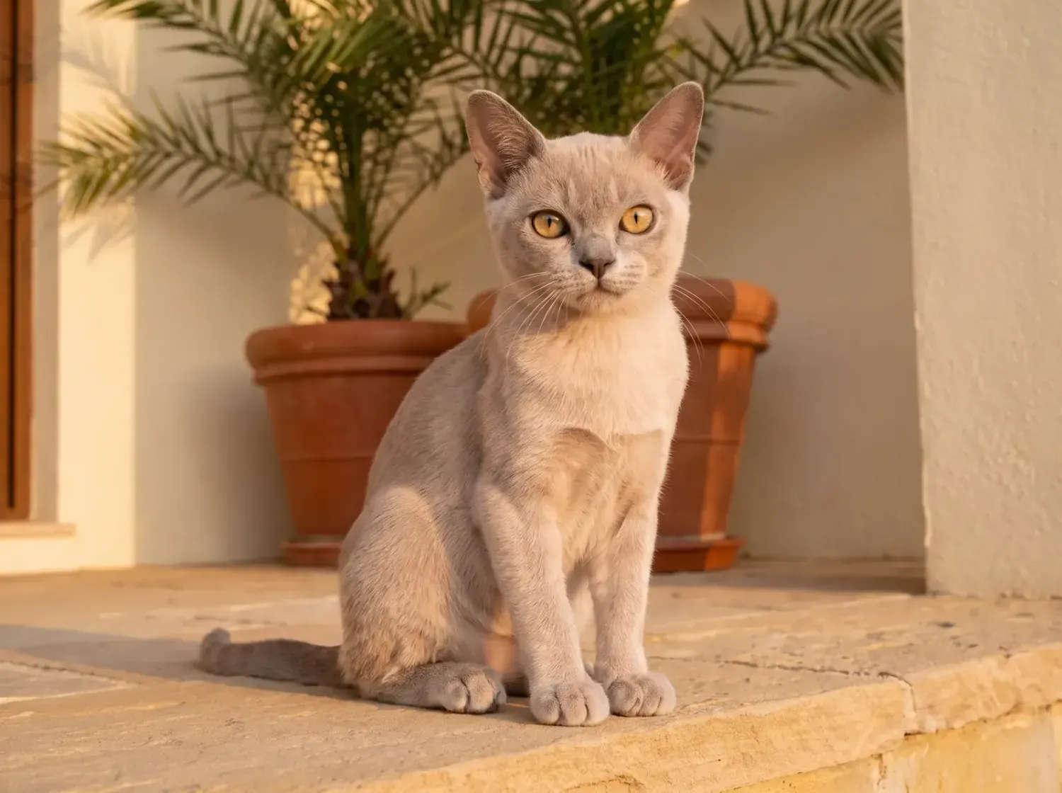 Burmese in Dubai, a platinum kitten sitting on a sandstone terrace beside potted date palms