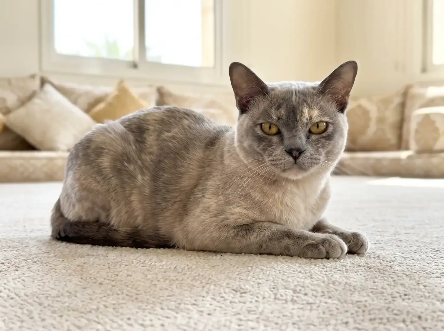 Burmese in Dubai, a blue tortie adult lying on a stone-coloured rug in front of majlis cushions