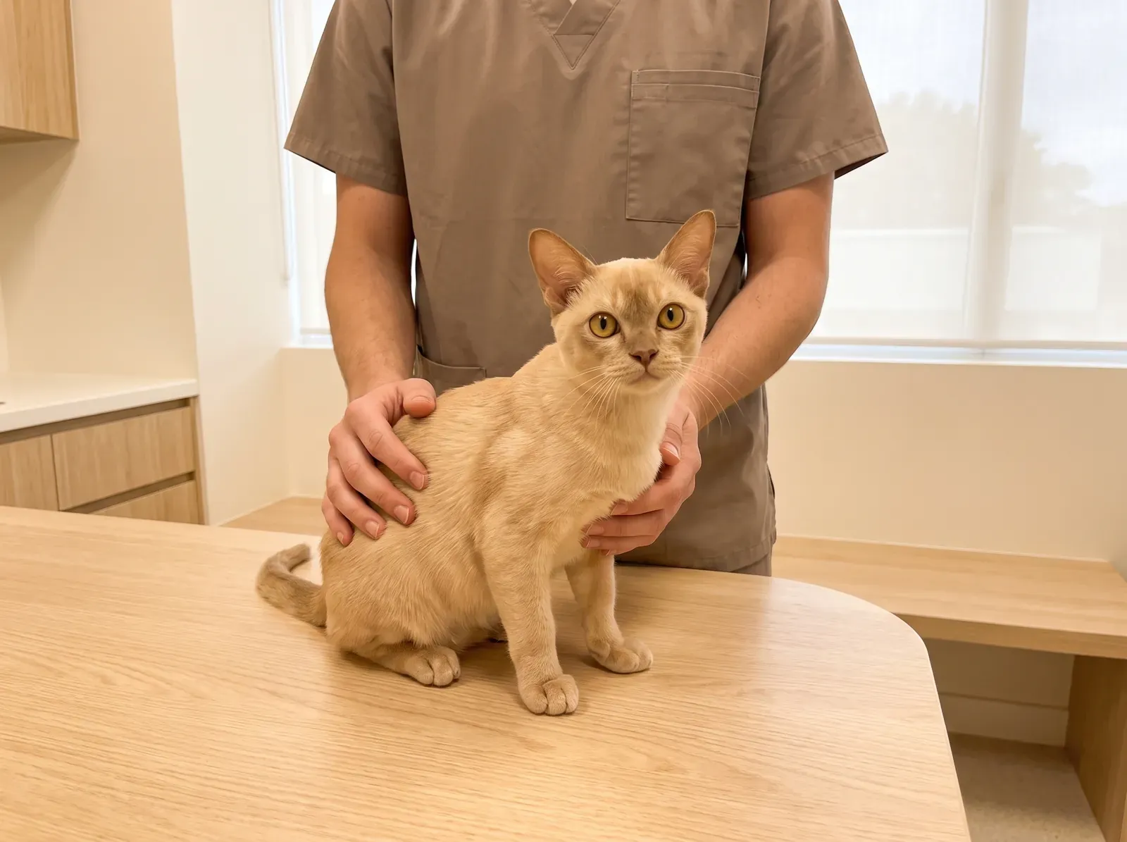 Burmese, a red kitten sitting calmly on a consultation table, steadied by hands in taupe scrubs