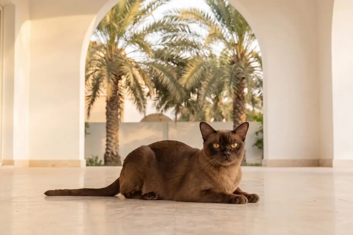 Burmese history, the breed today, a sable adult on a shaded villa terrace, Dubai, today