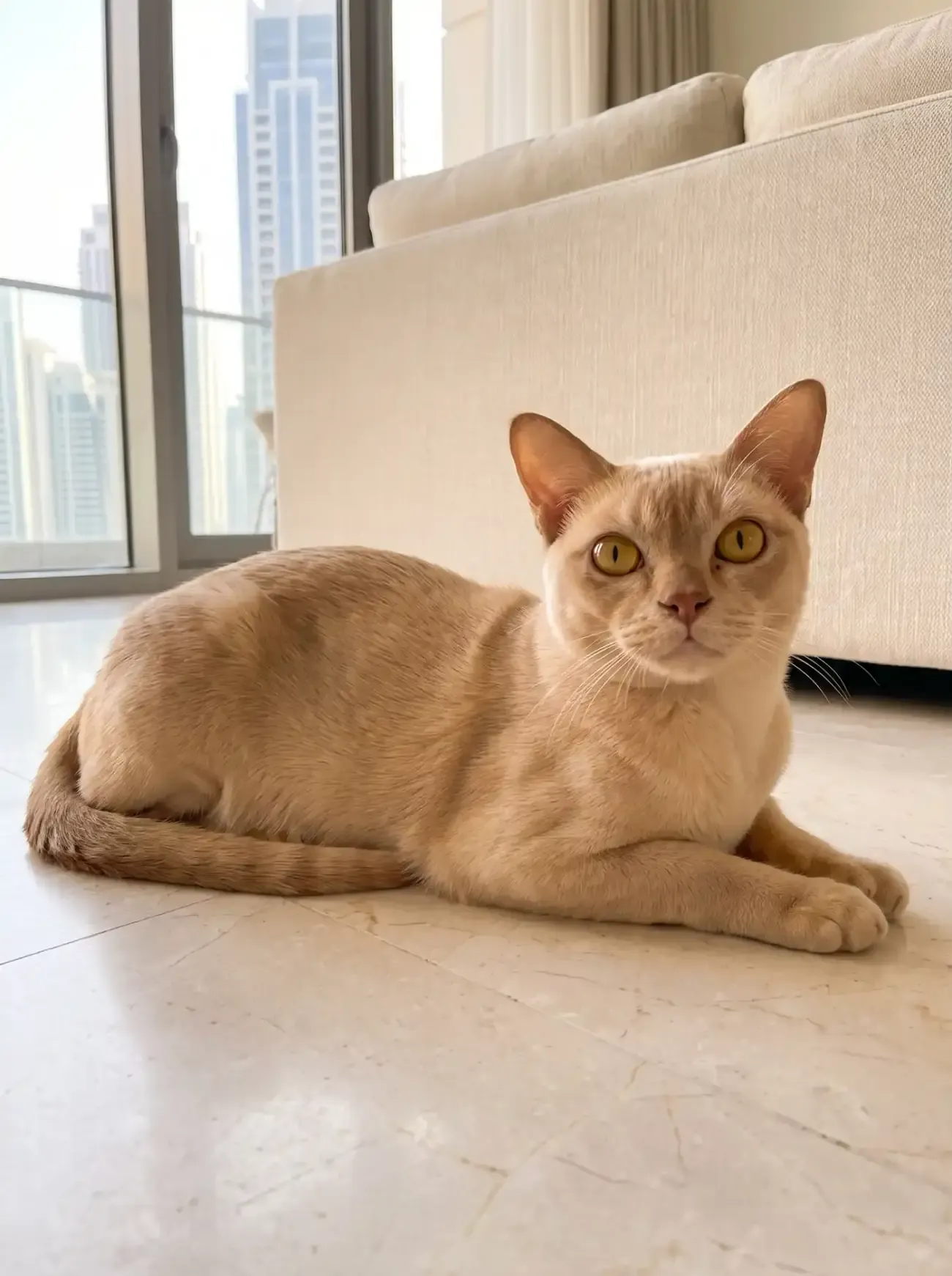 Burmese in Dubai, the same red cat lying on cool marble, the skyline through the window