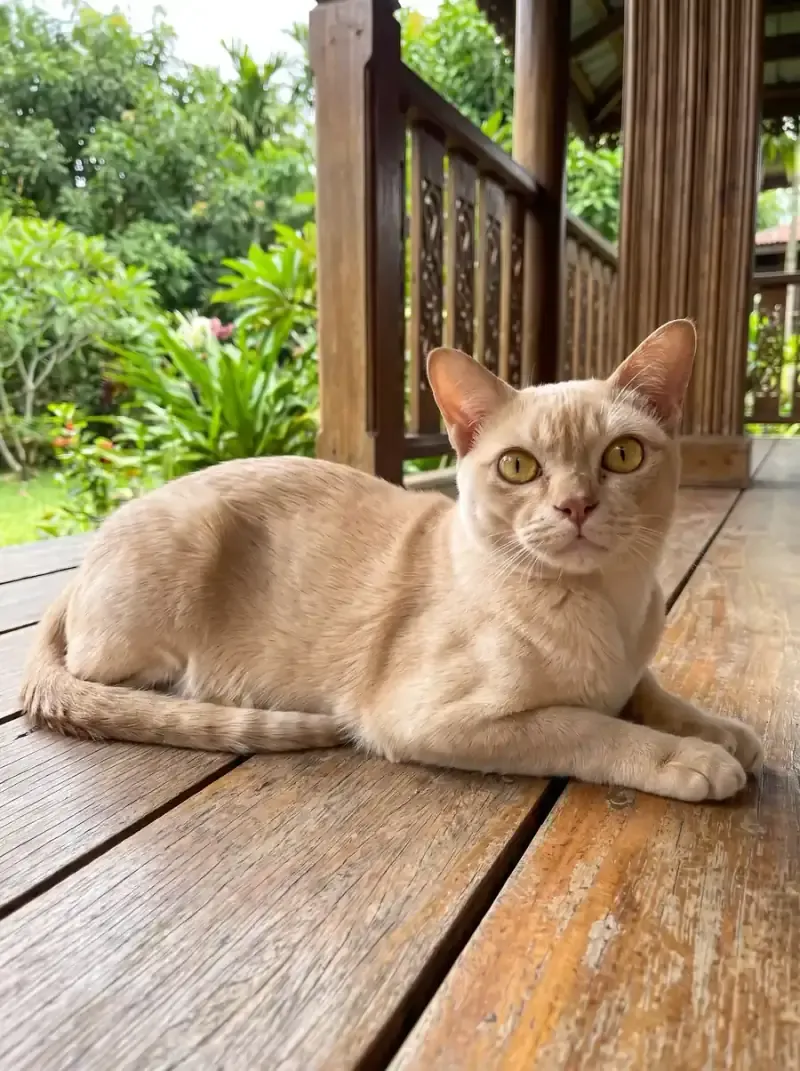 Burmese, a red adult lying on an old teak veranda, a green tropical garden behind