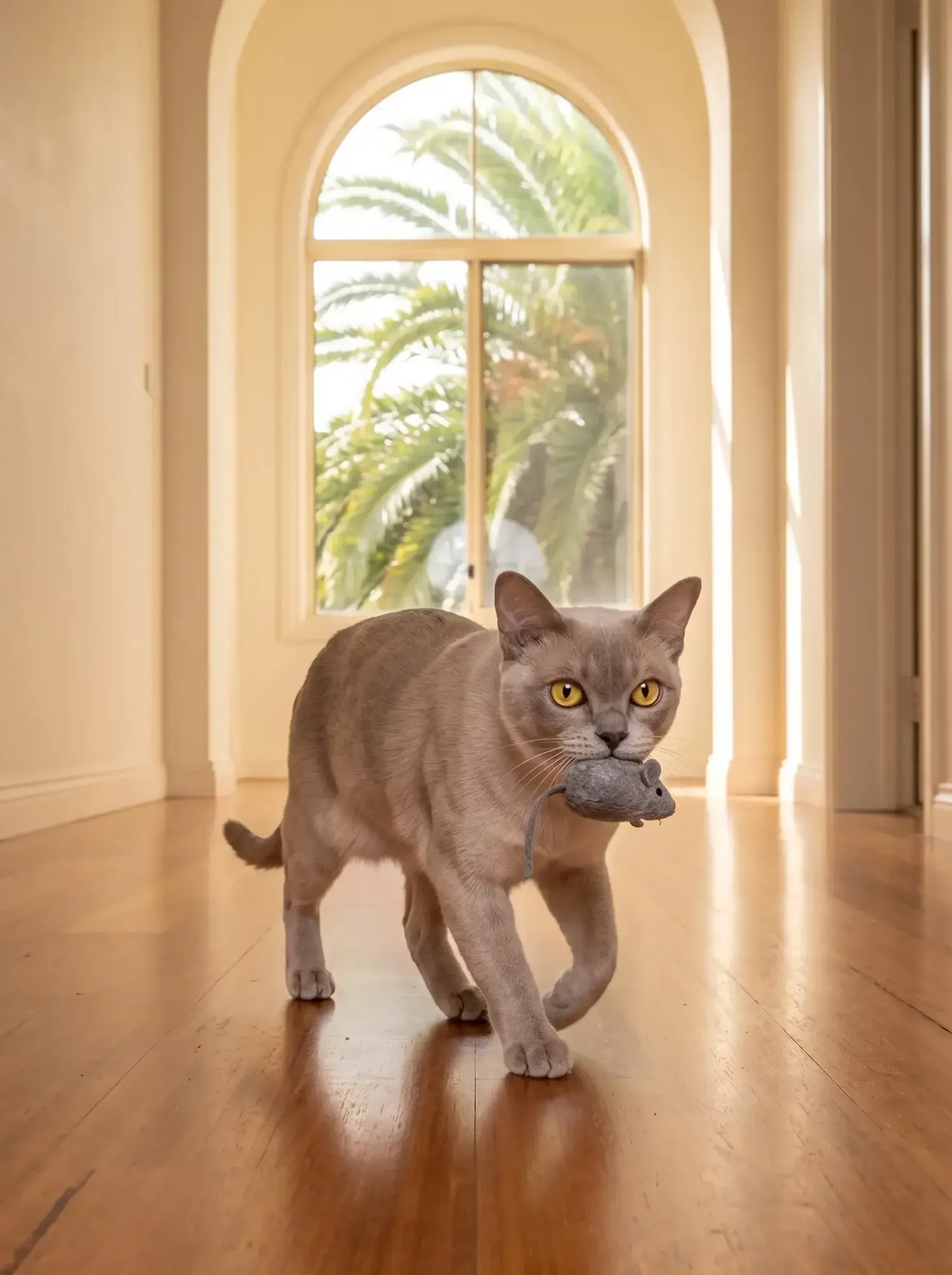 Burmese in Dubai, a platinum adult carrying a toy mouse along a villa hallway, palms through an arched window