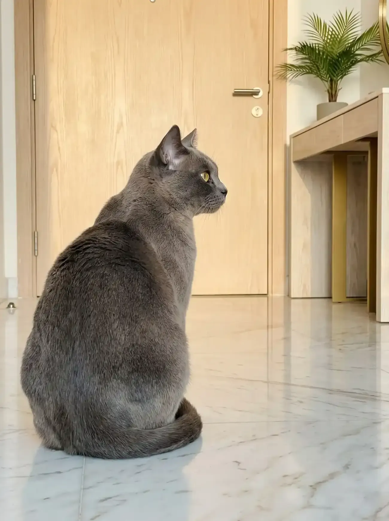Burmese, a blue adult sitting on a marble floor, watching the front door of a flat