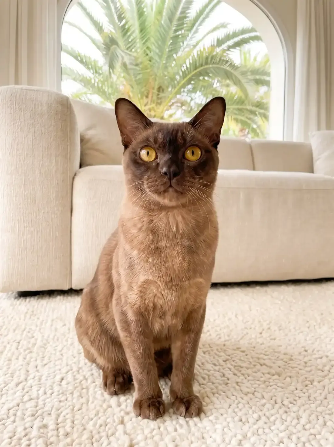 Burmese in Dubai, a chocolate adult sitting on a rug at the foot of a sofa, palms through an arched window