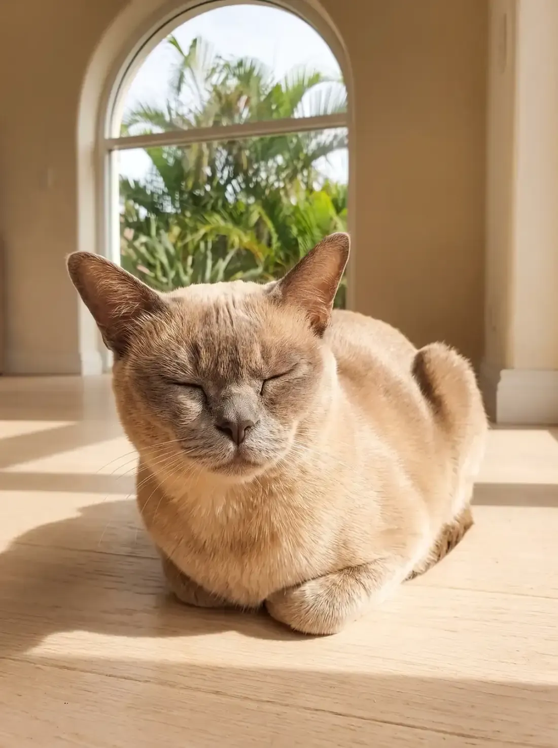 Burmese in Dubai, an older champagne cat dozing in a patch of sun, palms through an arched window